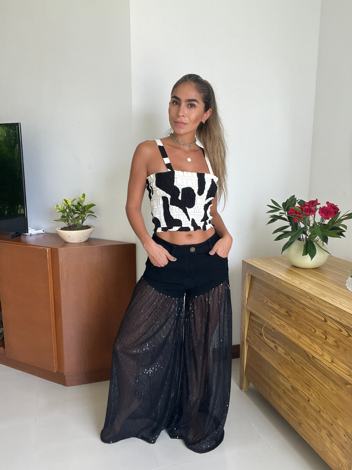 Top Rizado negro y blanco